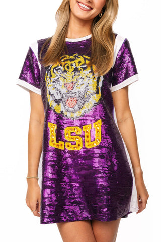 QOS Licensed LSU Full Sequin Mascot Tee Dress - Boutique Bella BellaQueen of Sparkles