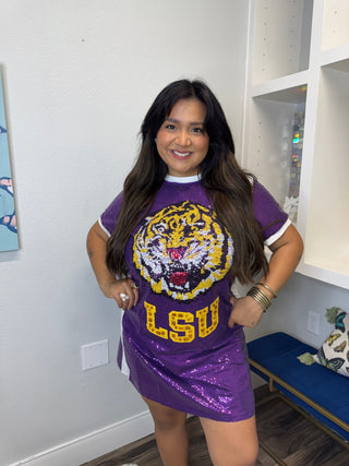 lsu dress for women QOS Licensed LSU Full Sequin Mascot Tee Dress XXL