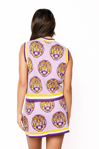 QOS Licensed LSU Knit in Rhinestone Button Up Knit Vest - Boutique Bella BellaQueen of Sparkles