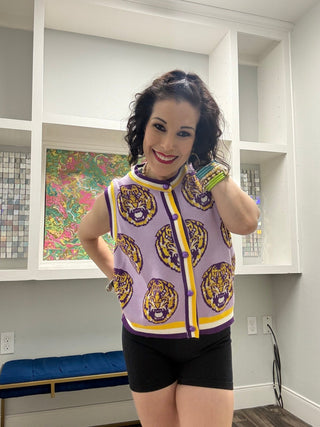 QOS Licensed LSU Knit in Rhinestone Button Up Knit Vest - Boutique Bella BellaQueen of Sparkles
