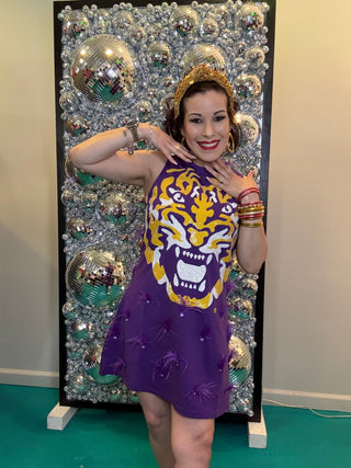 QOS Licensed LSU Mascot Scattered Jewel Feather Tank Dress - Boutique Bella BellaQueen of Sparkles