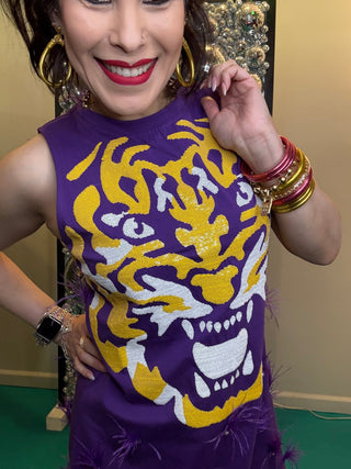 QOS Licensed LSU Mascot Scattered Jewel Feather Tank Dress - Boutique Bella BellaQueen of Sparkles
