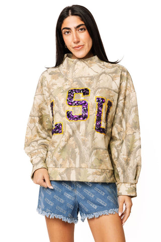 QOS Licensed LSU Mock Neck Camo Sweatshirt - Boutique Bella BellaQueen of Sparkles