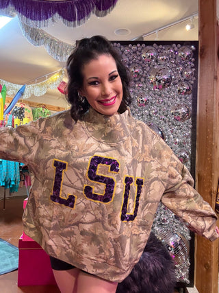 QOS Licensed LSU Mock Neck Camo Sweatshirt - Boutique Bella BellaQueen of Sparkles
