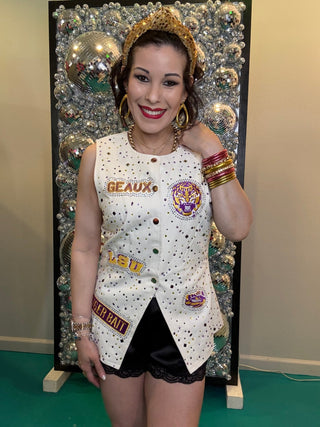 QOS Licensed LSU Multi Rhinestone Scattered Logo Vest - Boutique Bella BellaQueen of Sparkles