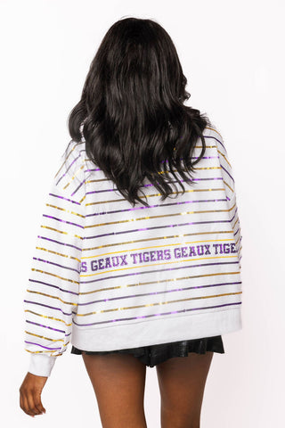 QOS Licensed LSU Sequin Striped Fanny Pack Sweatshirt - Boutique Bella BellaSweatshirt