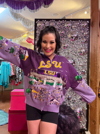 QOS Licensed LSU Stadium Tailgate Party Button Up Cardigan - Boutique Bella BellaQueen of Sparkles