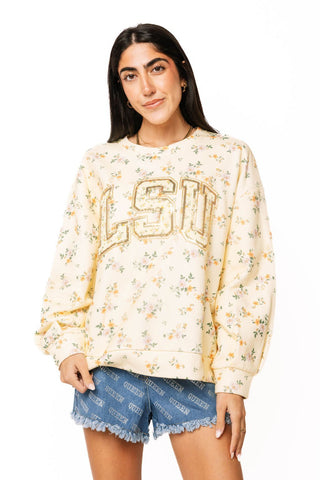 QOS Licensed LSU Yellow Floral Initial Sweatshirt - Boutique Bella BellaQueen of Sparkles