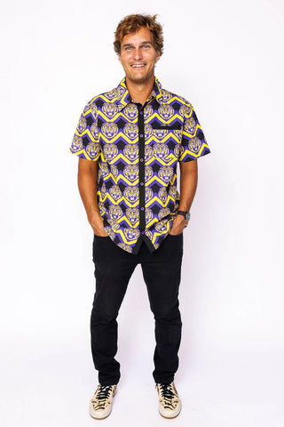 QOS Licensed Men's Black, Purple, & Gold Zig Zag Tiger Button Up - Boutique Bella Bellamens apparel