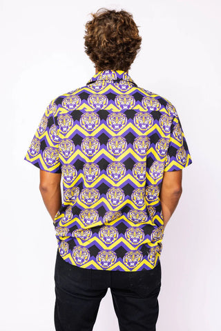 QOS Licensed Men's Black, Purple, & Gold Zig Zag Tiger Button Up - Boutique Bella Bellamens apparel