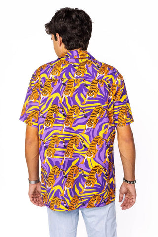 QOS Licensed Men's Purple & Gold Scattered Tiger Button Up - Boutique Bella Bellamens apparel