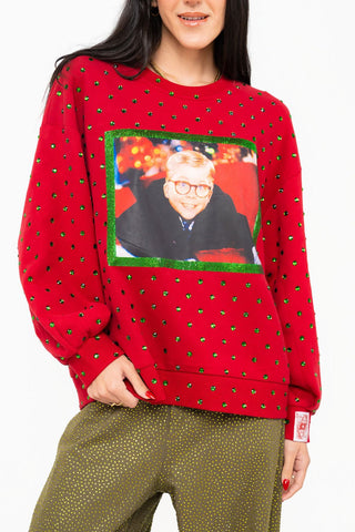 QOS Licensed Red Ralphie On Slide Screenprint Jeweled Sweatshirt - Boutique Bella BellaTops