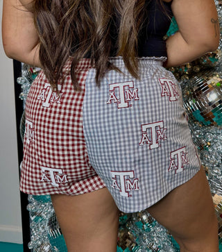 QOS Licensed Texas A&M Colorblock Gingham Mascot Cotton Short - Boutique Bella BellaQueen of Sparkles