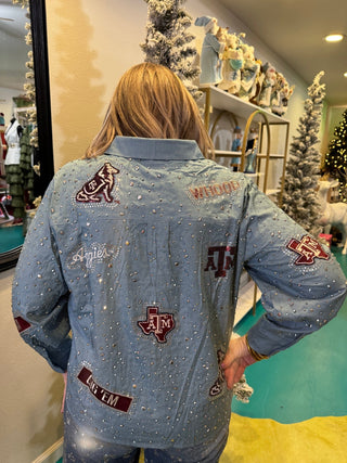 QOS Licensed Texas A&M Denim Multi Rhinestone Scattered Logo Button Up Top - Boutique Bella BellaQueen of Sparkles