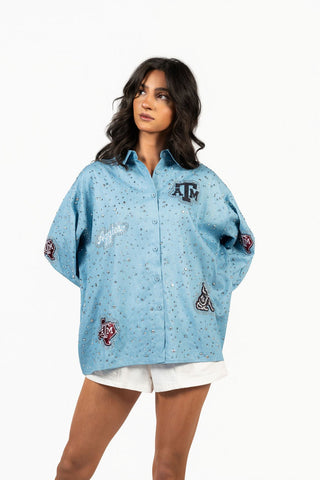 QOS Licensed Texas A&M Denim Multi Rhinestone Scattered Logo Button Up Top - Boutique Bella BellaQueen of Sparkles