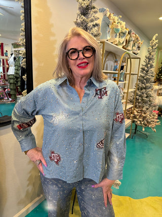QOS Licensed Texas A&M Denim Multi Rhinestone Scattered Logo Button Up Top - Boutique Bella BellaQueen of Sparkles