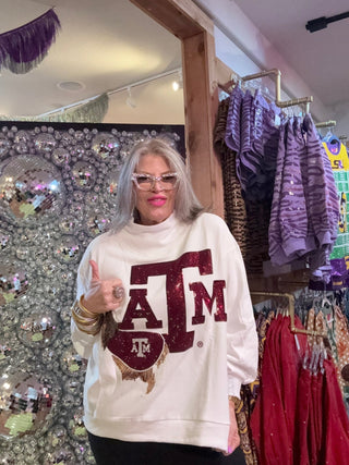 QOS Licensed Texas A&M Mascot Leaning on Letter Sweatshirt - Boutique Bella BellaSweatshirt