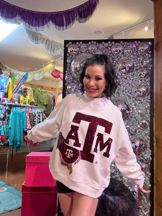 QOS Licensed Texas A&M Mascot Leaning on Letter Sweatshirt - Boutique Bella BellaSweatshirt