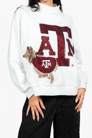 QOS Licensed Texas A&M Mascot Leaning on Letter Sweatshirt - Boutique Bella BellaSweatshirt