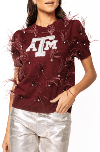QOS Licensed Texas A&M Mascot Scattered Jewel Feather Short Sleeve Sweater - Boutique Bella BellaQueen of Sparkles