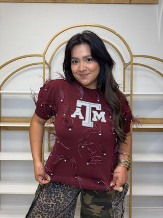 QOS Licensed Texas A&M Mascot Scattered Jewel Feather Short Sleeve Sweater - Boutique Bella BellaQueen of Sparkles
