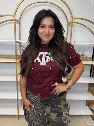QOS Licensed Texas A&M Mascot Scattered Jewel Feather Short Sleeve Sweater - Boutique Bella BellaQueen of Sparkles
