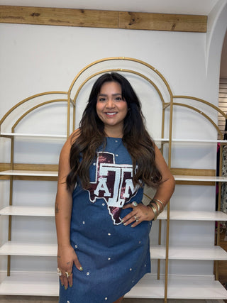 QOS Licensed Texas A&M Scattered Jewel Denim Sequin Mascot Tank Dress - Boutique Bella BellaQueen of Sparkles