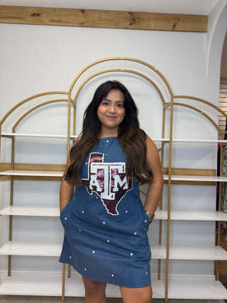 QOS Licensed Texas A&M Scattered Jewel Denim Sequin Mascot Tank Dress - Boutique Bella BellaQueen of Sparkles