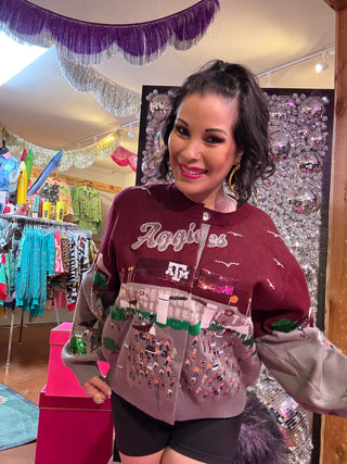 QOS Licensed Texas A&M Stadium Tailgate Party Button Up Cardigan - Boutique Bella BellaQueen of Sparkles