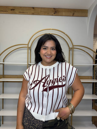 QOS Licensed Texas A&M Striped Word Button Up Knit Vest - Boutique Bella BellaQueen of Sparkles