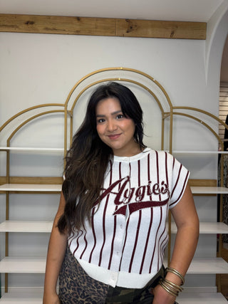 QOS Licensed Texas A&M Striped Word Button Up Knit Vest - Boutique Bella BellaQueen of Sparkles