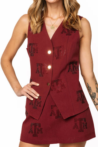 QOS Licensed Texas A&M Tonal Rhinestone Scattered Abbreviation Button Up Vest - Boutique Bella BellaQueen of Sparkles