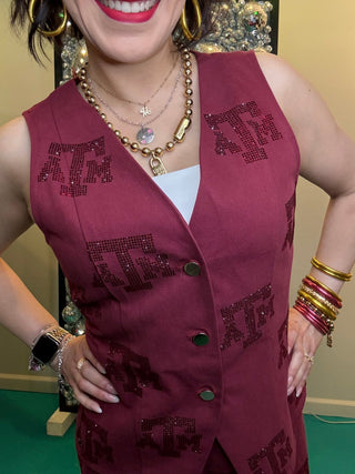QOS Licensed Texas A&M Tonal Rhinestone Scattered Abbreviation Button Up Vest - Boutique Bella BellaQueen of Sparkles