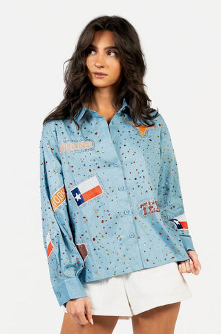 QOS Licensed Texas Denim Multi Rhinestone Scattered Logo Button Up Long Sleeve Top - Boutique Bella BellaQueen of Sparkles