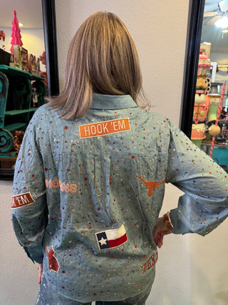 QOS Licensed Texas Denim Multi Rhinestone Scattered Logo Button Up Long Sleeve Top - Boutique Bella BellaQueen of Sparkles