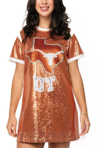 QOS Licensed Texas Full Sequin Mascot Tee Dress - Boutique Bella BellaQueen of Sparkles