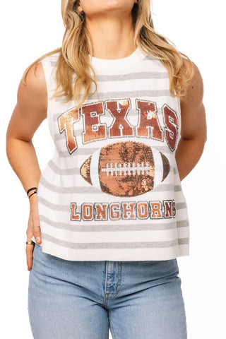 QOS Licensed Texas Grey & White Striped Sequin Football Knit Tank - Boutique Bella Bella