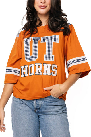 QOS Licensed Texas Oversized Gingham Jersey Tee - Boutique Bella BellaQueen of Sparkles