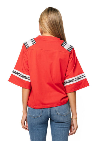 QOS Licensed Texas Tech Oversized Gingham Jersey Tee - Boutique Bella BellaQueen of Sparkles