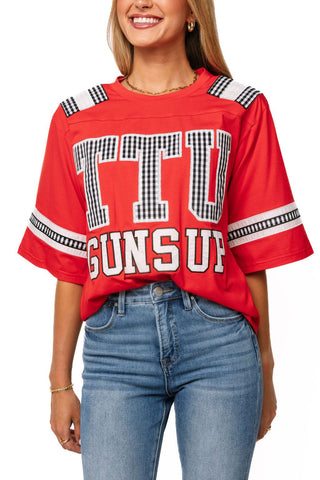 QOS Licensed Texas Tech Oversized Gingham Jersey Tee - Boutique Bella BellaQueen of Sparkles