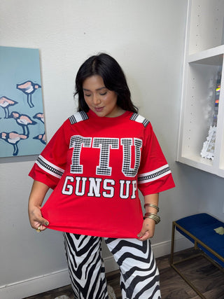 QOS Licensed Texas Tech Oversized Gingham Jersey Tee - Boutique Bella BellaQueen of Sparkles