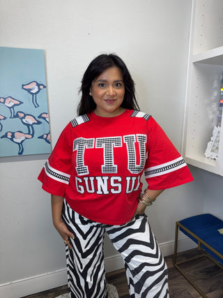 QOS Licensed Texas Tech Oversized Gingham Jersey Tee - Boutique Bella BellaQueen of Sparkles