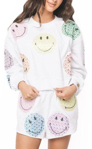 QOS Licensed White Scattered Multi Smiley Short - Boutique Bella BellaQueen of Sparkles