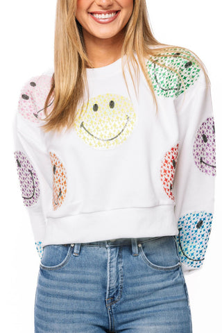QOS Licensed White Scattered Multi Smiley Sweatshirt - Boutique Bella BellaQueen of Sparkles
