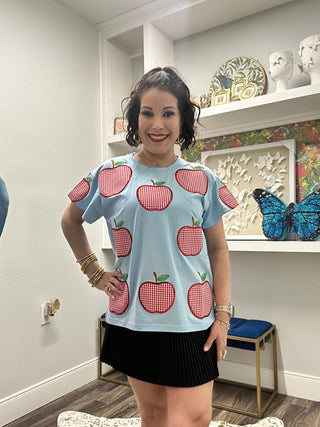 QOS Light Blue & Red Gingham Apple Tee - Boutique Bella BellaQueen of Sparkles