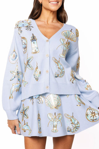 QOS Light Blue Shell Ornament Cardigan - Boutique Bella BellaQueen of Sparkles