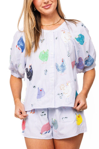 QOS Light Blue Stripe Multi Chicken Button Up Cotton Top - Boutique Bella BellaQueen of Sparkles