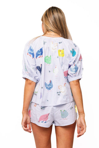 QOS Light Blue Stripe Multi Chicken Cotton Short - Boutique Bella BellaQueen of Sparkles