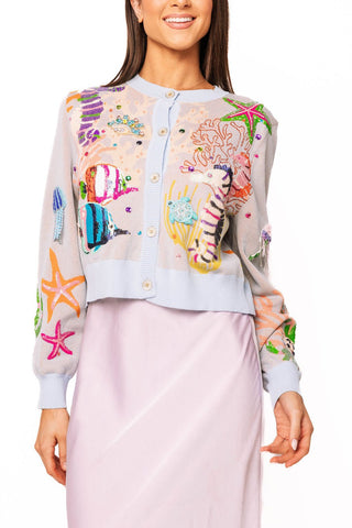 QOS Light Blue Under the Sea Button Up Cardigan - Boutique Bella BellaQueen of Sparkles