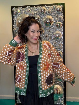 QOS Light Brown Polka Dot Fall Football Button Up Cardigan - Boutique Bella BellaCardigan